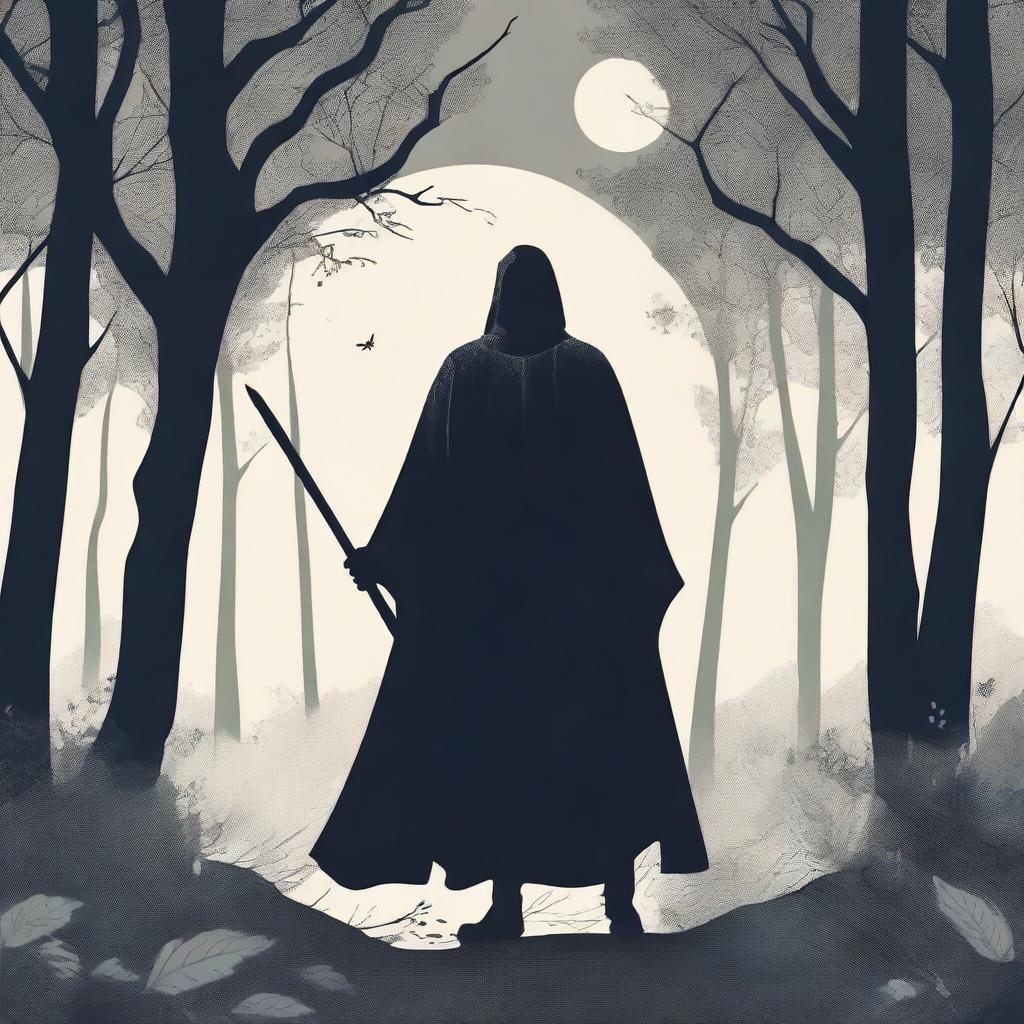 A figure stands in the woods at midnight, with a cape covering their whole body, reaching to the knees