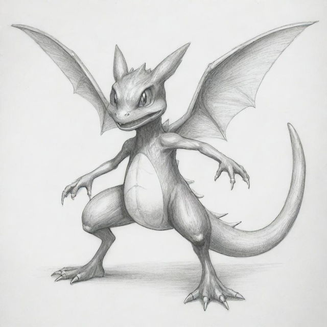 A pencil sketch of a unique Pokémon hybrid, having Greninja's body, Charizard's wings, and a frog-like face.