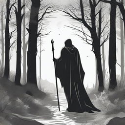 A figure stands in the woods at midnight, with a cape covering their whole body, reaching to the knees