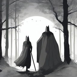 A figure stands in the woods at midnight, with a cape covering their whole body, reaching to the knees