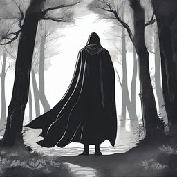 A figure stands in the woods at midnight, with a cape covering their whole body, reaching to the knees