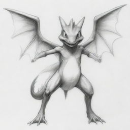 A pencil sketch of a unique Pokémon hybrid, having Greninja's body, Charizard's wings, and a frog-like face.