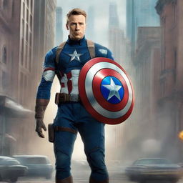 Captain America standing heroically in a futuristic cityscape, with advanced technology and flying cars in the background