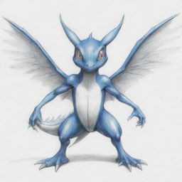 A pencil sketch of a unique Pokémon hybrid, having Greninja's body, Charizard's wings, and a frog-like face.