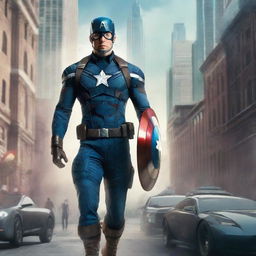 Captain America standing heroically in a futuristic cityscape, with advanced technology and flying cars in the background