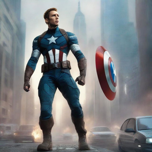 Captain America standing heroically in a futuristic cityscape, with advanced technology and flying cars in the background