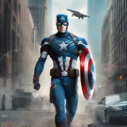 Captain America standing heroically in a futuristic cityscape, with advanced technology and flying cars in the background