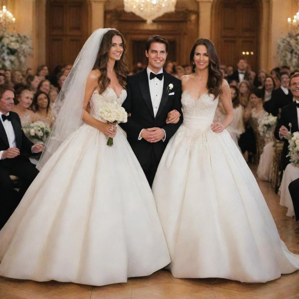 Tom Cruise with flowing long hair, dressed in a stylish tuxedo, marrying a woman in a breathtaking wedding gown in a beautiful wedding venue.