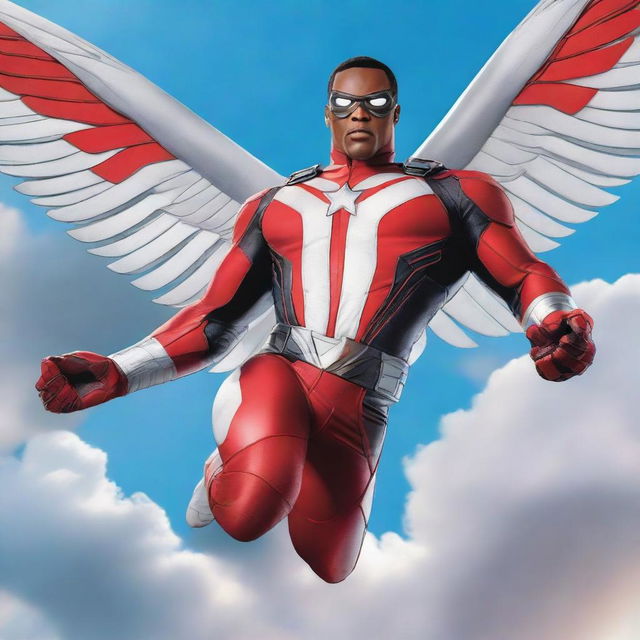 A dynamic image of Sam Wilson, also known as Falcon, in his superhero costume