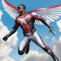 A dynamic image of Sam Wilson, also known as Falcon, in his superhero costume