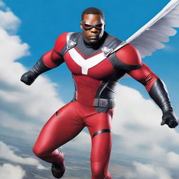 A dynamic image of Sam Wilson, also known as Falcon, in his superhero costume