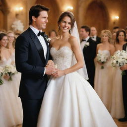 Tom Cruise with flowing long hair, dressed in a stylish tuxedo, marrying a woman in a breathtaking wedding gown in a beautiful wedding venue.