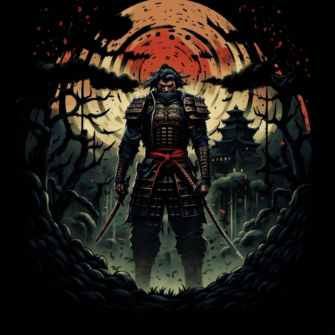 A stoic samurai stands in a dark forest, illuminated by moonlight, with intricate armor and a calm expression