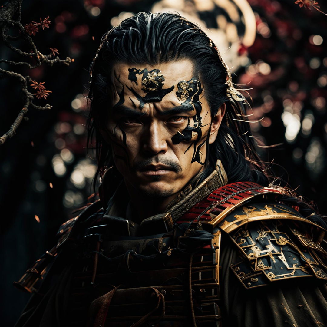 A close-up portrait of a stoic samurai, highlighting his calm expression, intricate battle-worn armor, and a blurred dark forest background, capturing the essence of a stoic samurai from the Berserk universe