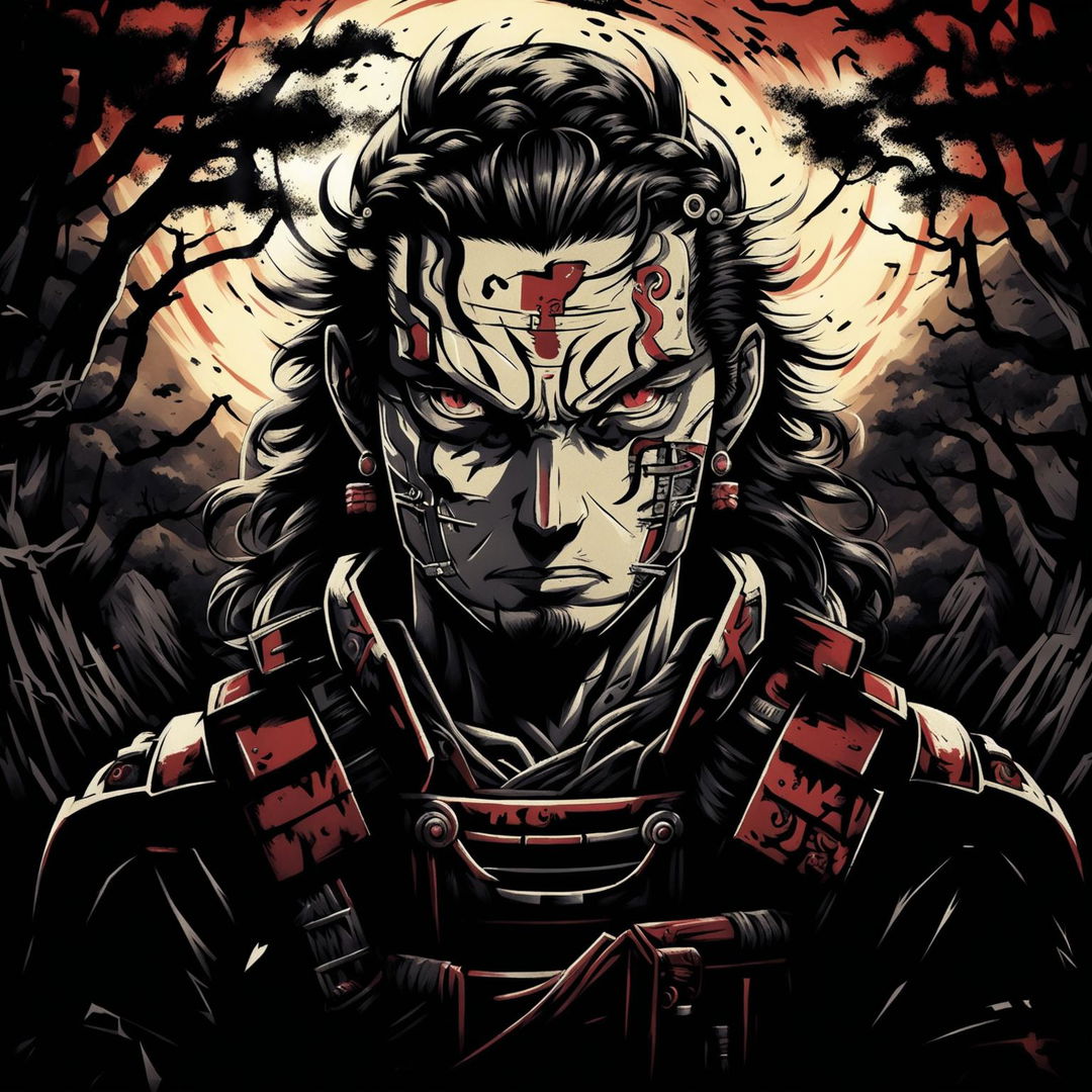 A close-up portrait of a stoic samurai in the manga style of Berserk, highlighting his calm expression, intricate battle-worn armor, and a blurred dark forest background, capturing the essence of a stoic samurai from the Berserk universe