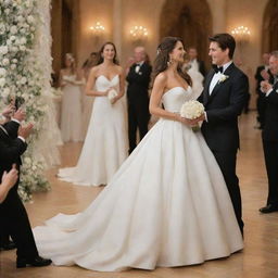 Tom Cruise with flowing long hair, dressed in a stylish tuxedo, marrying a woman in a breathtaking wedding gown in a beautiful wedding venue.