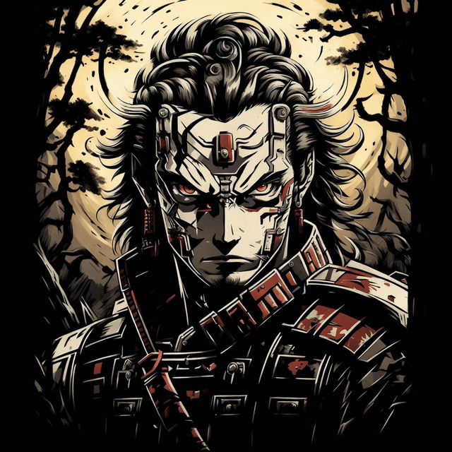 A close-up portrait of a heroic samurai in the manga style of Berserk, highlighting his noble expression, intricate battle-worn armor, and a blurred dark forest background, capturing the essence of a heroic samurai from the Berserk universe