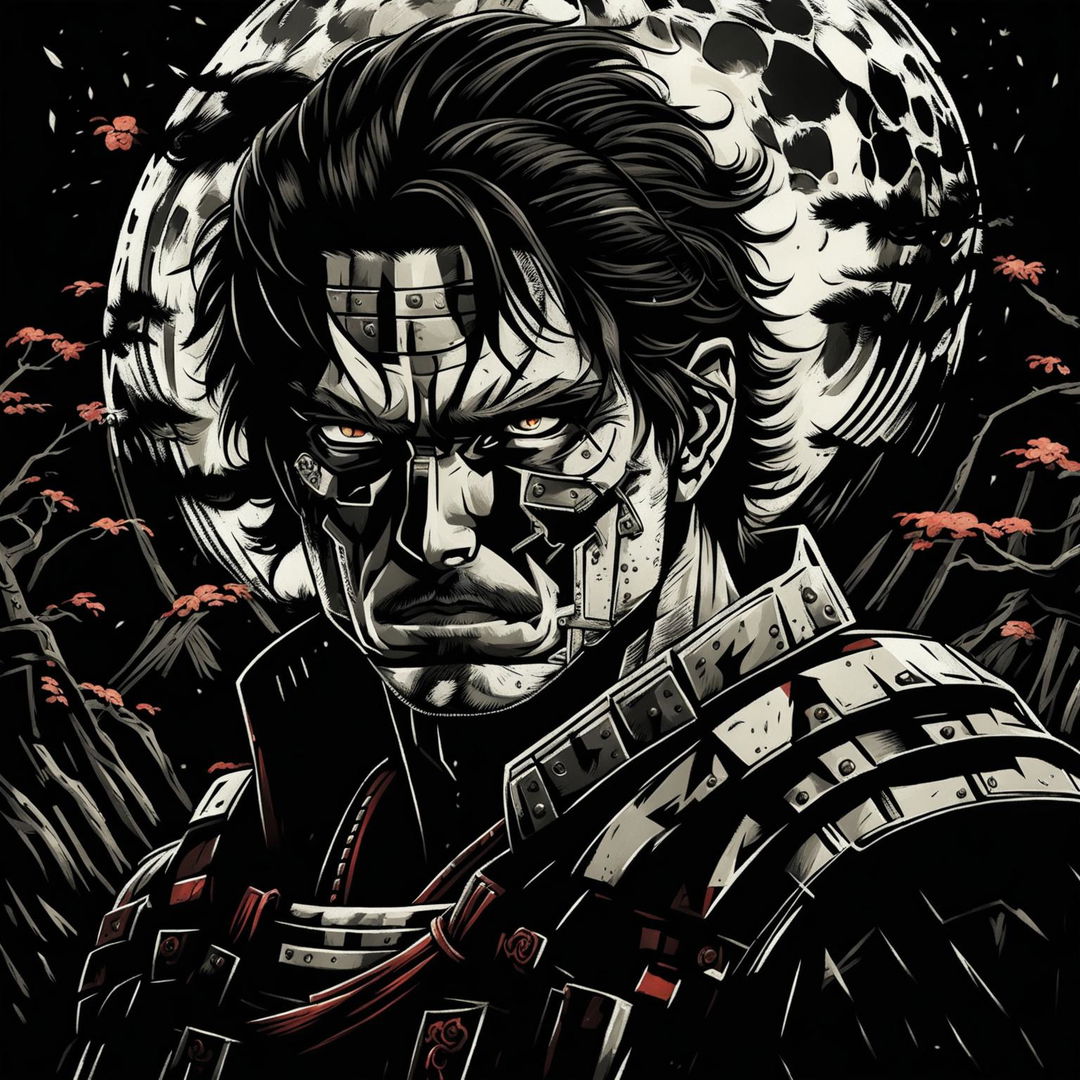 A close-up portrait of a heroic samurai with facial features resembling Guts from Berserk, highlighting his noble expression, intricate battle-worn armor, and a blurred dark forest background, capturing the essence of a heroic samurai from the Berserk universe