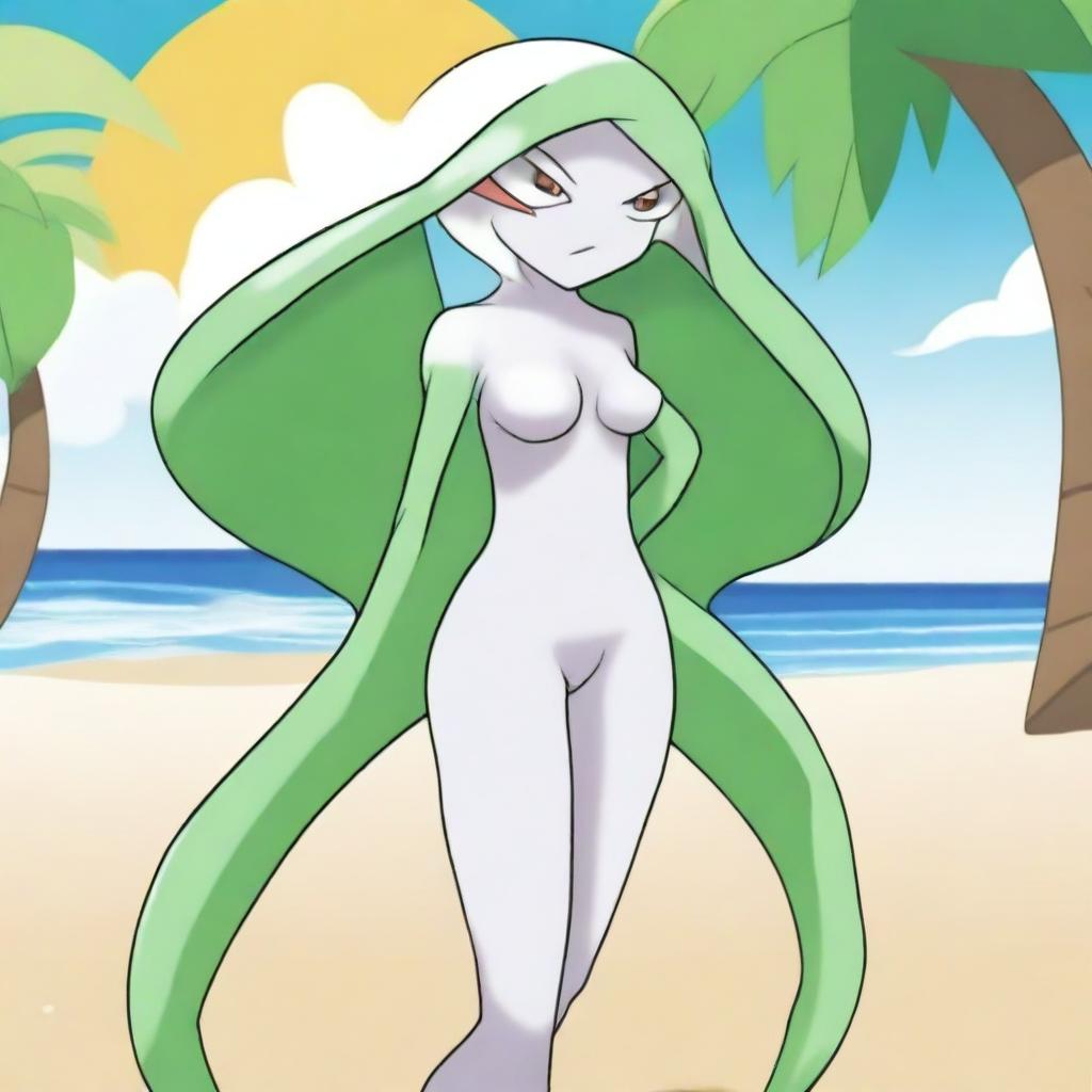 A detailed illustration of a Gardevoir character on a beach wearing a bikini