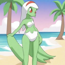 A detailed illustration of a Gardevoir character on a beach wearing a bikini