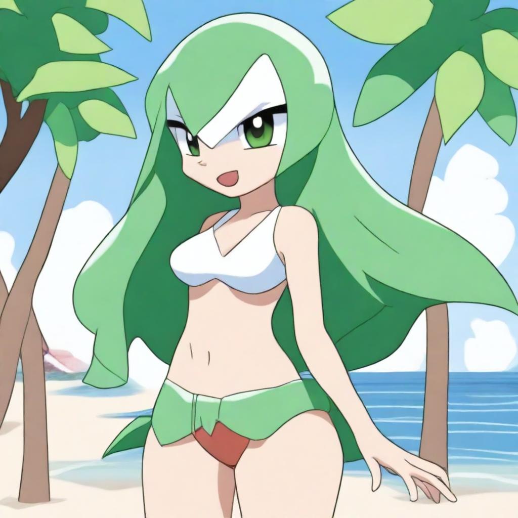 A detailed illustration of a Gardevoir character on a beach wearing a bikini