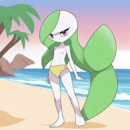 A detailed illustration of a Gardevoir character on a beach wearing a bikini