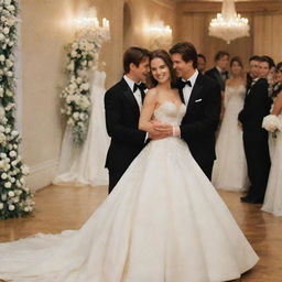 Tom Cruise with flowing long hair, dressed in a stylish tuxedo, marrying a woman in a breathtaking wedding gown in a beautiful wedding venue.