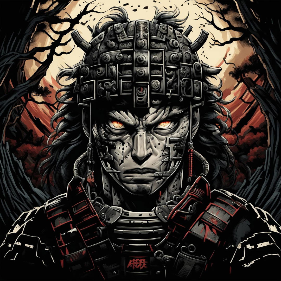 A close-up portrait of a heroic samurai with a samurai helmet and facial features resembling Guts from Berserk, highlighting his noble expression, intricate battle-worn armor, and a blurred dark forest background, capturing the essence of a heroic samurai from the Berserk universe