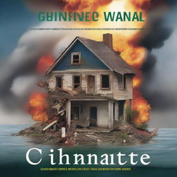 A book cover featuring a house amidst the effects of climate change