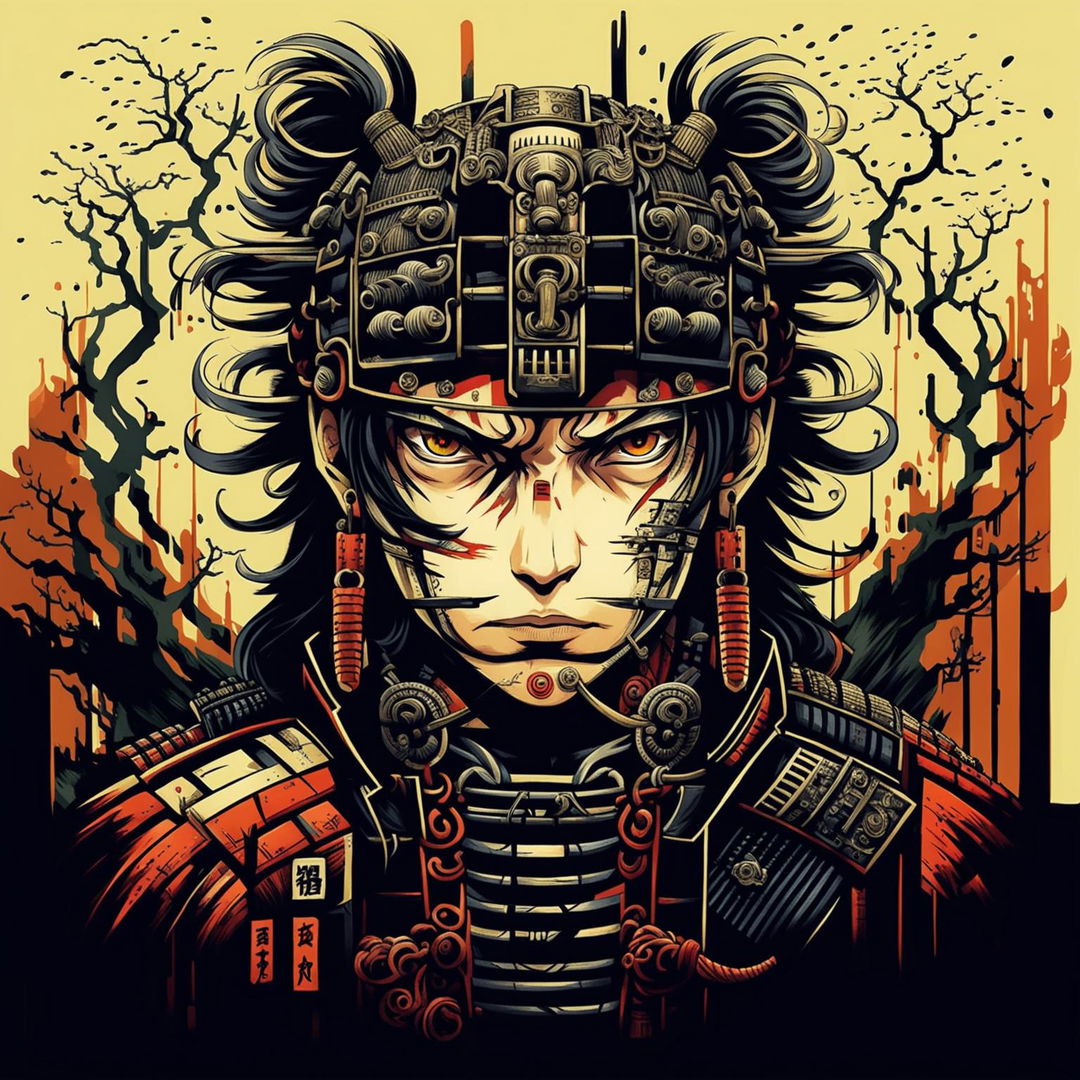 A detailed close-up portrait of a samurai inspired by Berserk, featuring a traditional helmet and a dark, gritty manga art style