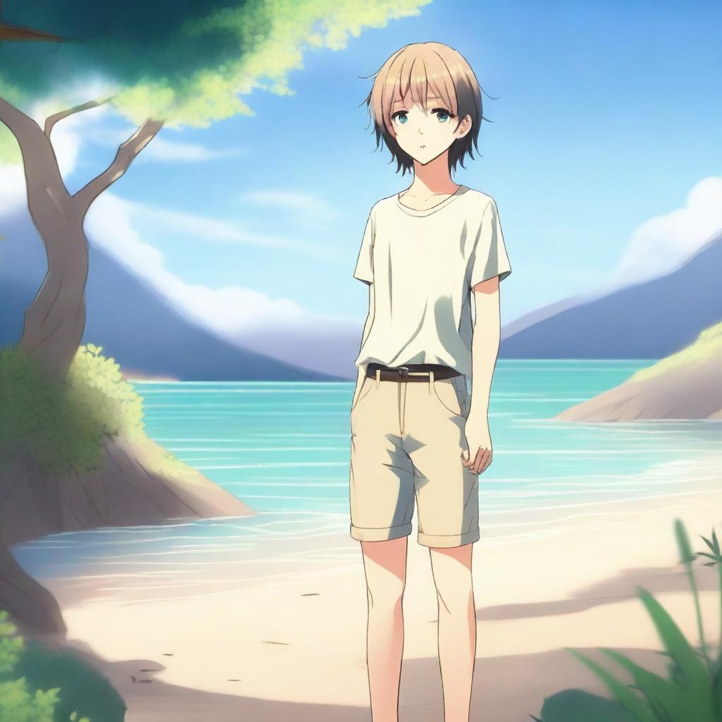 An anime-style femboy character, barefoot, standing in a serene and peaceful environment