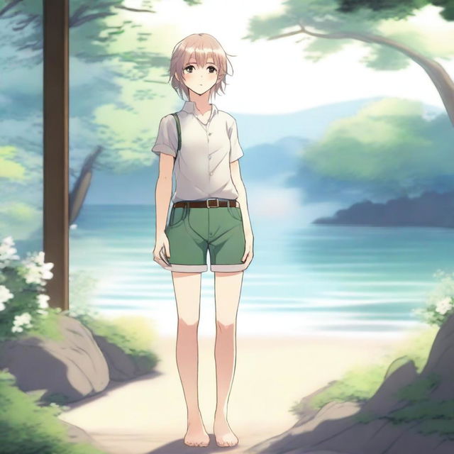 An anime-style femboy character, barefoot, standing in a serene and peaceful environment