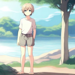 An anime-style femboy character, barefoot, standing in a serene and peaceful environment