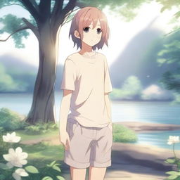 An anime-style femboy character, barefoot, standing in a serene and peaceful environment