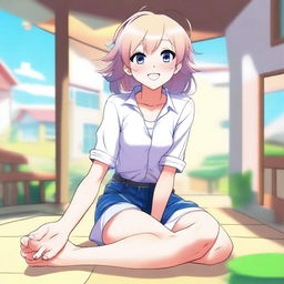 An anime-style femboy character, barefoot, being tickled in a playful and light-hearted manner