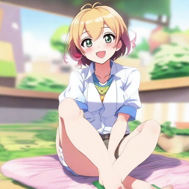 An anime-style femboy character, barefoot, being tickled in a playful and light-hearted manner