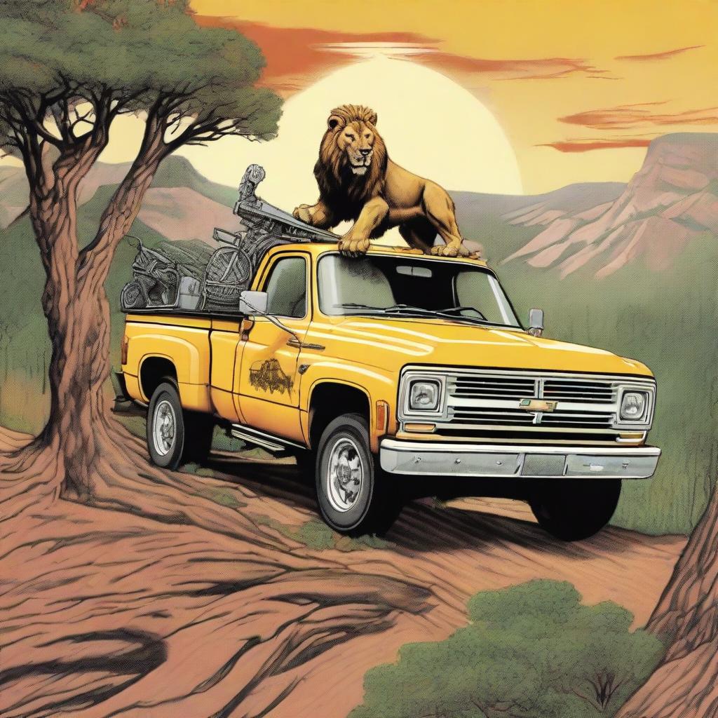 A detailed image on the side of a Chevy C65 two and a half ton truck depicting a man riding a lion with a chainsaw held high above his head