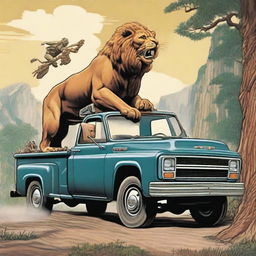 A detailed image on the side of a Chevy C65 two and a half ton truck depicting a man riding a lion with a chainsaw held high above his head