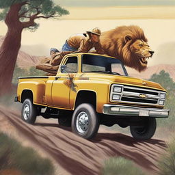 A detailed image on the side of a Chevy C65 two and a half ton truck depicting a man riding a lion with a chainsaw held high above his head