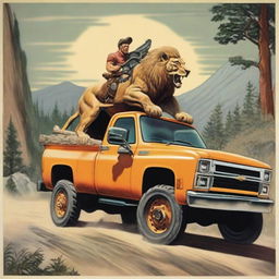 A detailed image on the side of a Chevy C65 two and a half ton truck depicting a man riding a lion with a chainsaw held high above his head