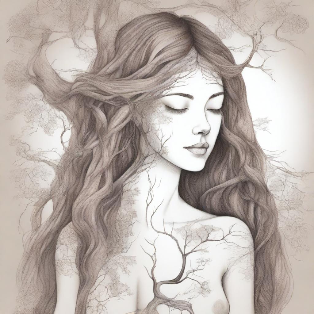 A detailed drawing of a beautiful woman with long brown hair, with the other half of her body morphing into a tree