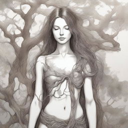 A detailed drawing of a beautiful woman with long brown hair, with the other half of her body morphing into a tree