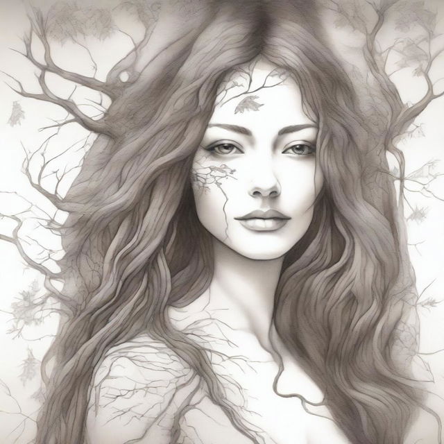 A detailed drawing of a beautiful woman with long brown hair, with the other half of her body morphing into a tree