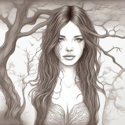 A detailed drawing of a beautiful woman with long brown hair, with the other half of her body morphing into a tree