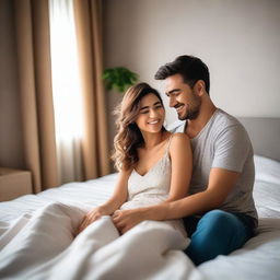 A handsome guy sitting on the bed in his bedroom, pulling his wife onto his lap