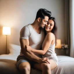 A handsome guy sitting on the bed in his bedroom, pulling his wife onto his lap