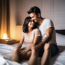 A handsome guy sitting on the bed in his bedroom, pulling his wife onto his lap