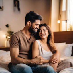 A handsome guy sitting on the bed in his bedroom, pulling his wife onto his lap