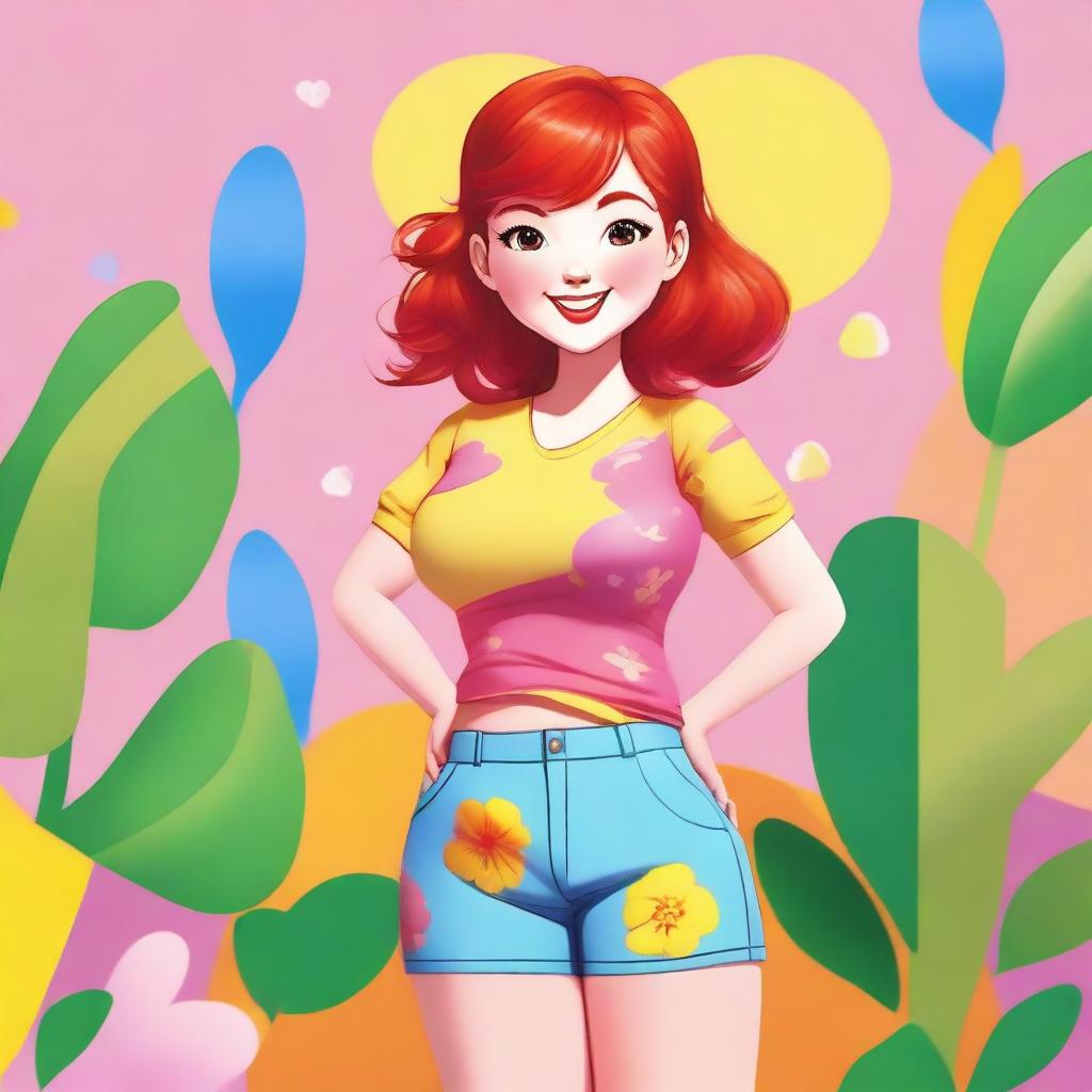 A short red-haired girl with a very plump figure, standing confidently with a cheerful expression