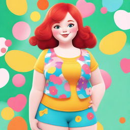 A short red-haired girl with a very plump figure, standing confidently with a cheerful expression